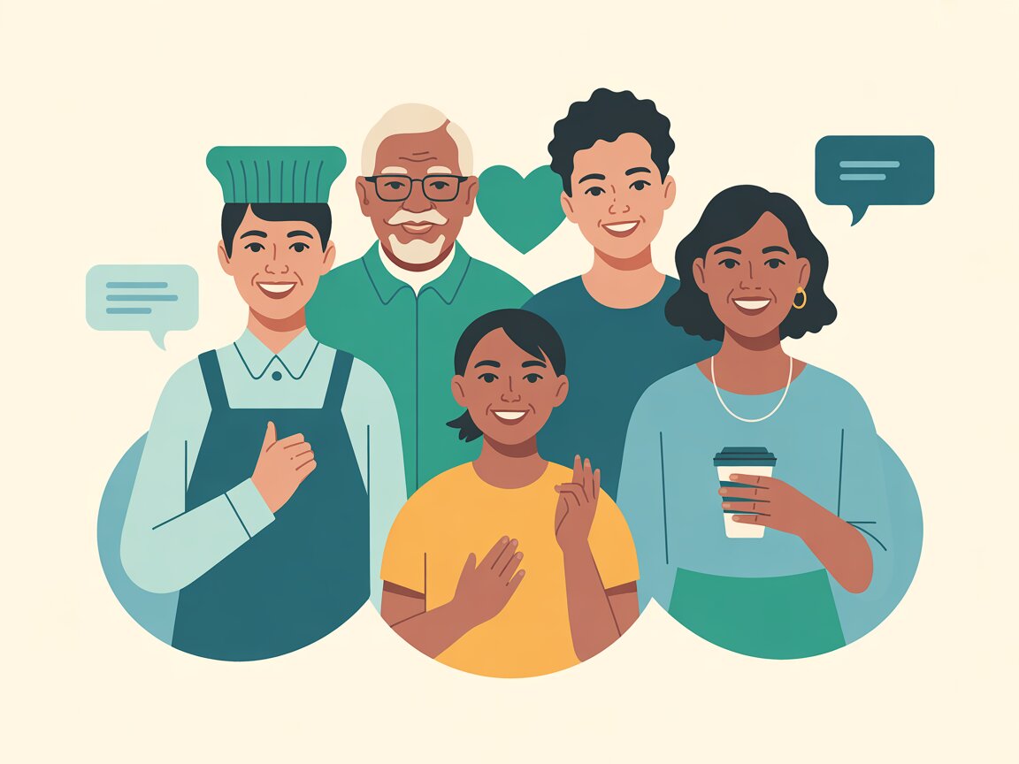 Ilustração de brasileiros diversos conectados por mensagens de apoio, com um coração e uma xícara de café